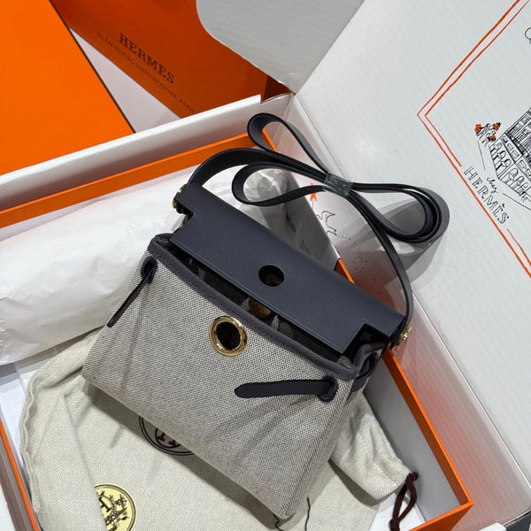 HM Mini Herbag Gold Buckle 20 Beige Grey Canvas and Hunter Cowhide 243285