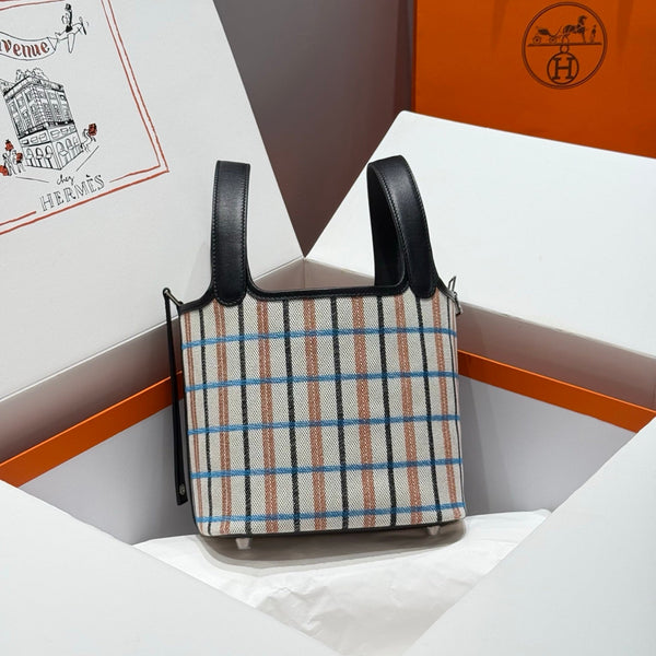 Picotin Lock 18 Black Swift Calfskin Multicolor H Canvas