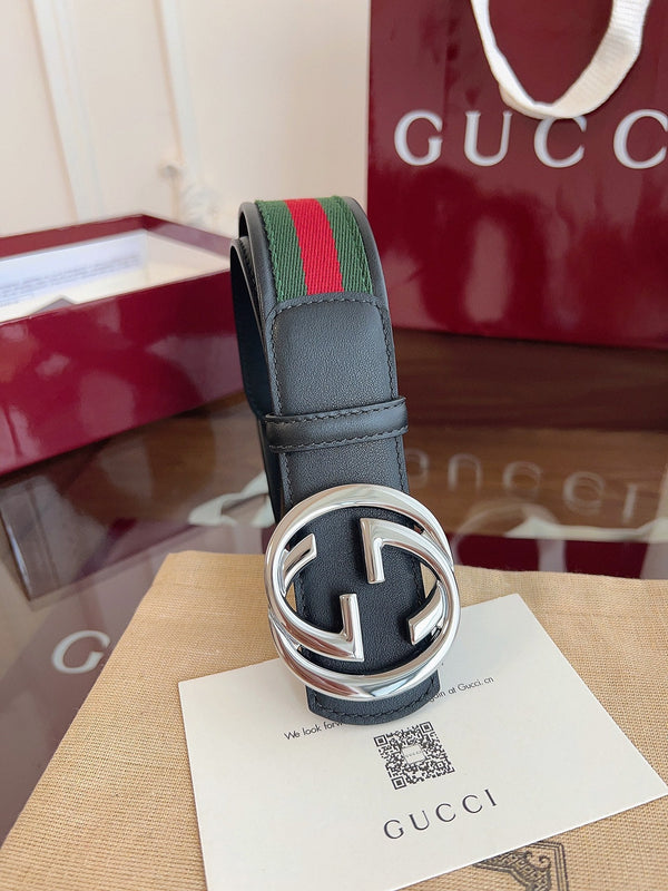Gucci Supreme Belt Sliver Buckle 40mm Black Leather With Green Red Canvas
