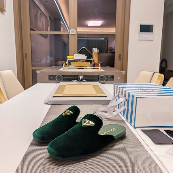 Prad 26s Square Toe Slippers In Dark Green Velvet