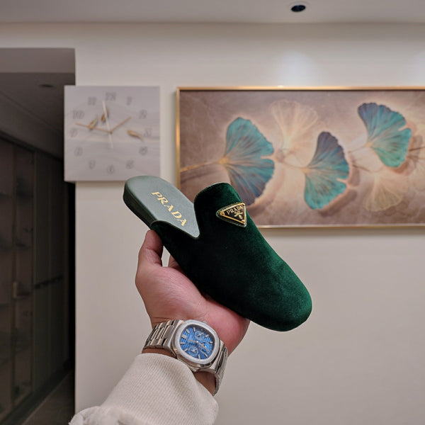 Prad 26s Square Toe Slippers In Dark Green Velvet