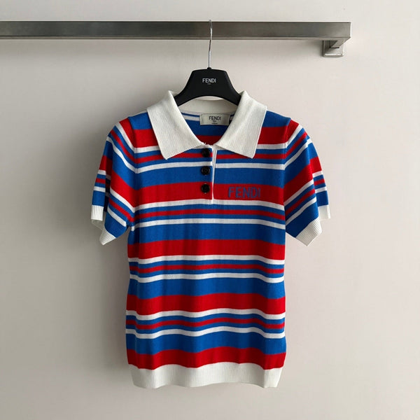 Fendi 26s Striped Polo Shirt Blue Red Knit 363767