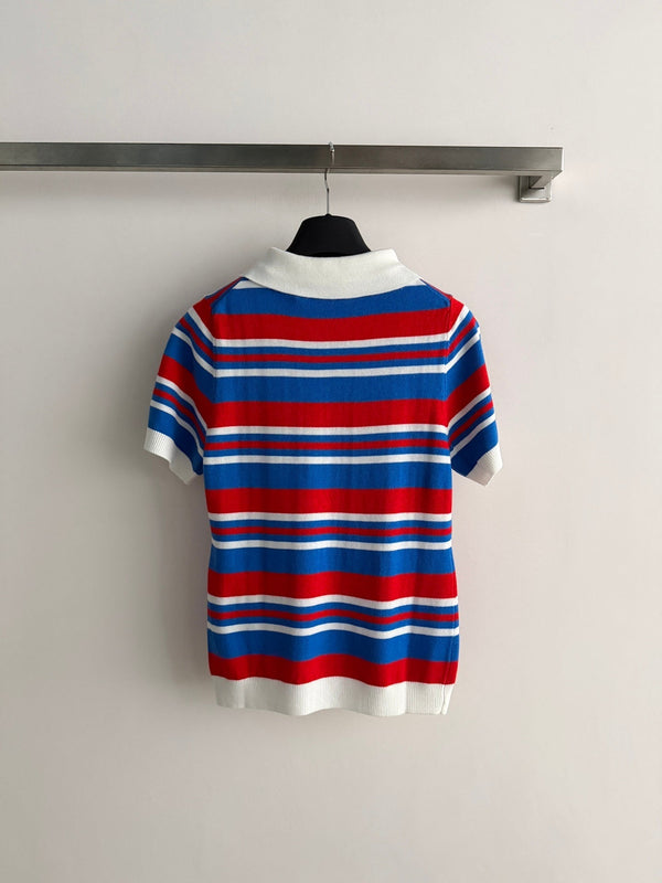 Fendi 26s Striped Polo Shirt Blue Red Knit 363767