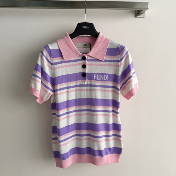 Fendi 26s Striped Polo Shirt Pink Purple Knit 363765