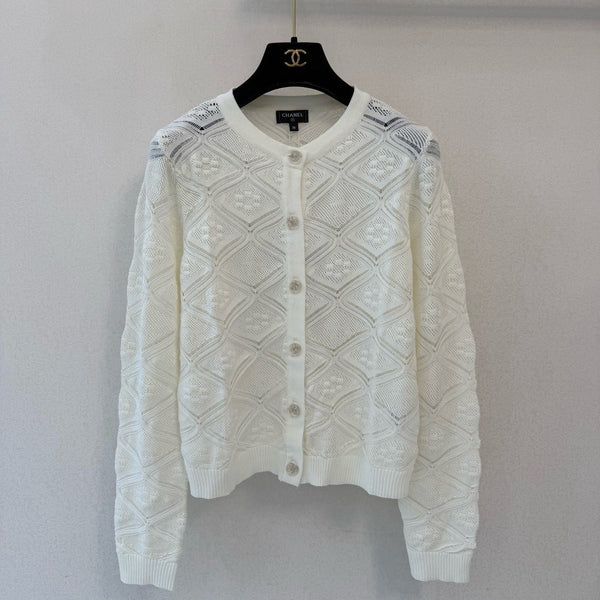 CC 26s Diamond Pattern Pointelle Cardigan White Wool 423113