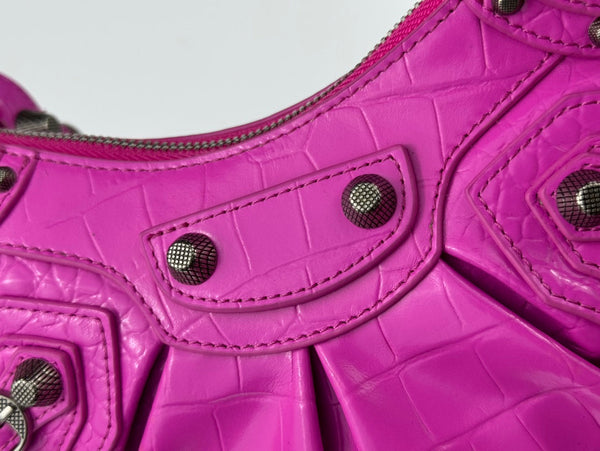 LE CAGOLE SMALL SHOULDER BAG 26 WITH RHINESTONES IN DEEP PINK CROCODILE EMBOSSED CALFSKIN