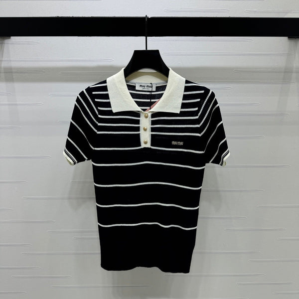 Miu Knit Short-Sleeved Black Wool Nylon 380765