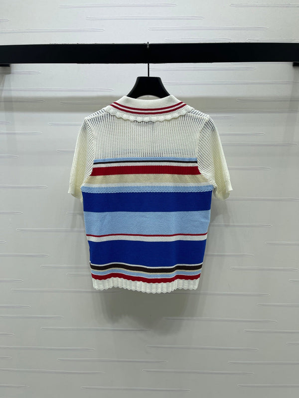 GG 26s Hollow Striped Collared Knit Short Sleeve 406541
