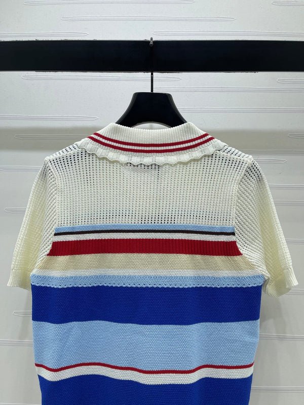 GG 26s Hollow Striped Collared Knit Short Sleeve 406541
