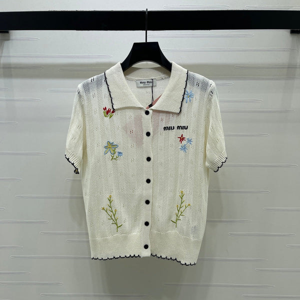 GG 26s Hollow Striped Collared Knit Short Sleeve White Wool 406537