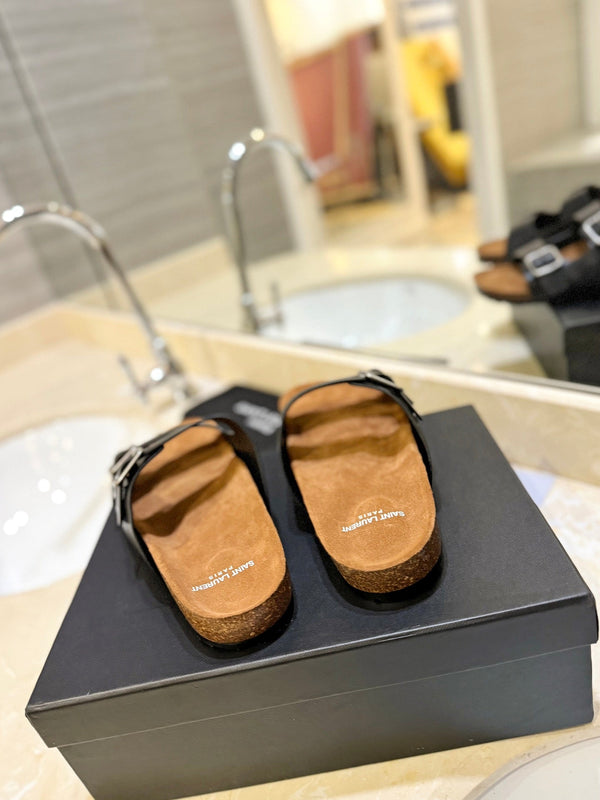 SL Flat Sandal Women Brown Seude Black Calfskin