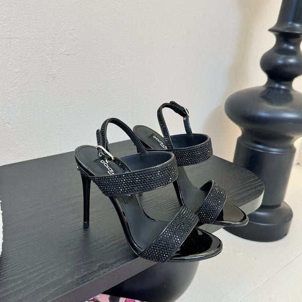 DC Satin Sandals Black Sheepskin & Fusible Rhinestones 313668