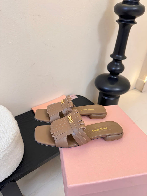 Miu 26s Flat Slippers In Brown Calfskin