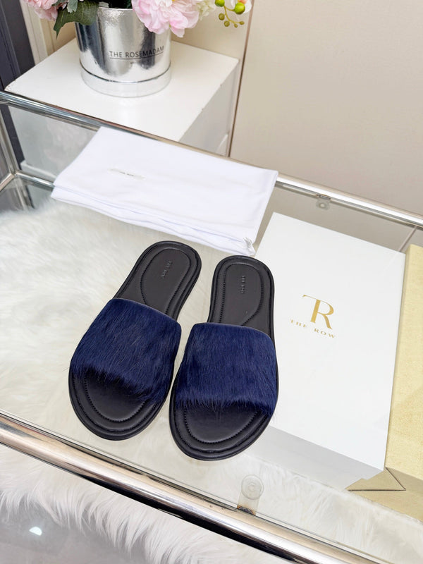 The Row Malick Fur Slide Dark Blue 707546