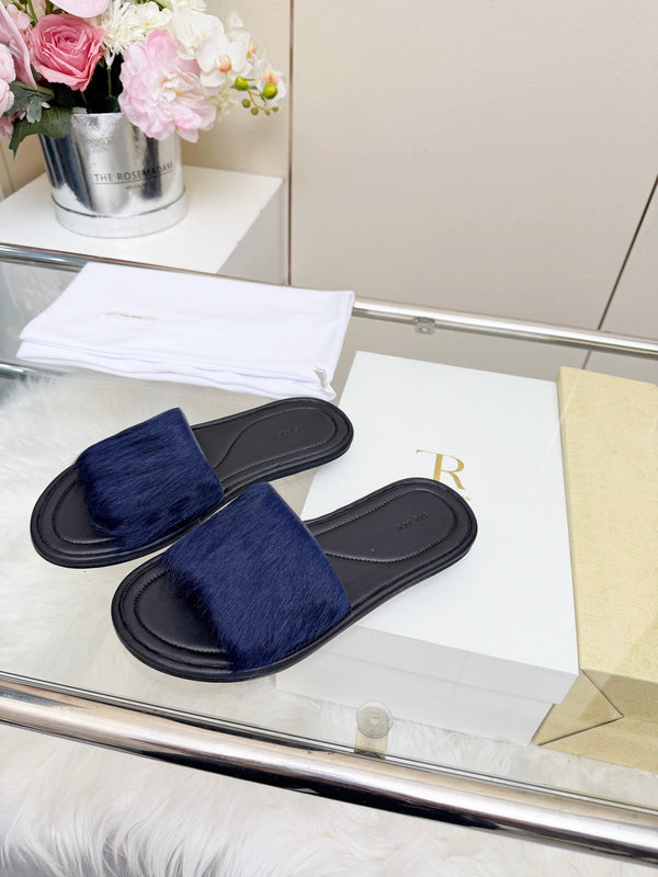 The Row Malick Fur Slide Dark Blue 707546