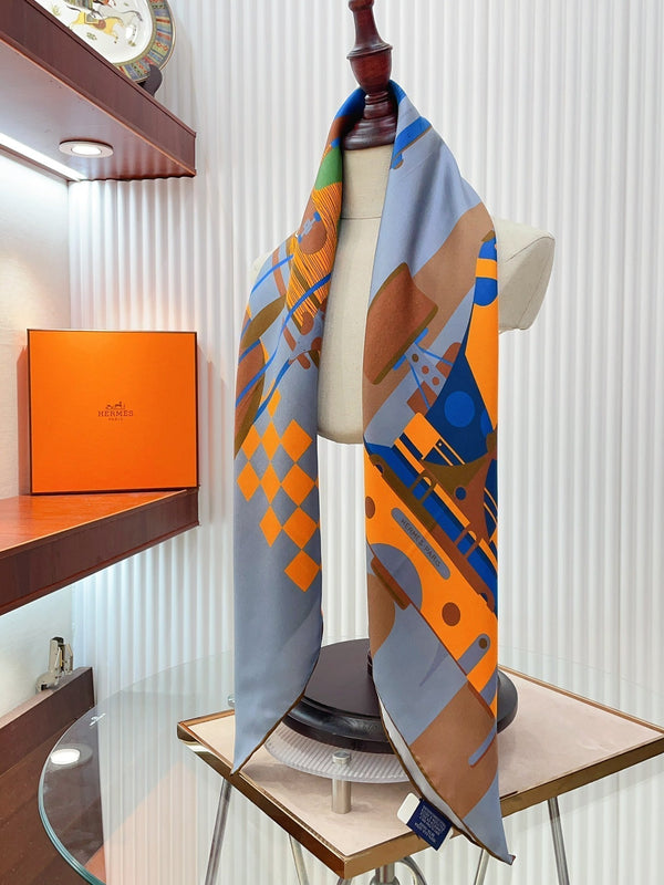 First & Chic Scarf 90 CM In Grey Blue Colorful Silk Twill 202493