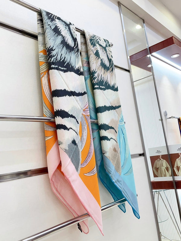 Tigre Royal Double Face Scarf 140 CM In Light Turquoise Colorful Cashmere And Silk 254647