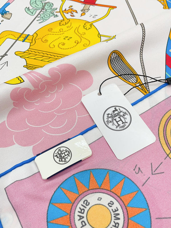 Tea For Two Scarf 90 CM In White Colorful Silk Twill  296691