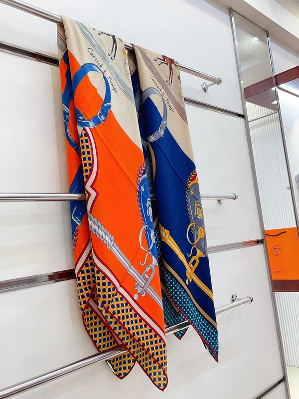 Silk Carrick a Pompe Scarf 140 CM In Dark Blue Colorful Cashmere And Silk 381156