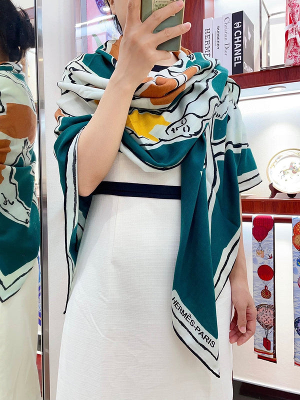 Choregraphie Equestre Pareo Scarf 140 CM Teal Blue Colorful Cashmere And Silk 393171