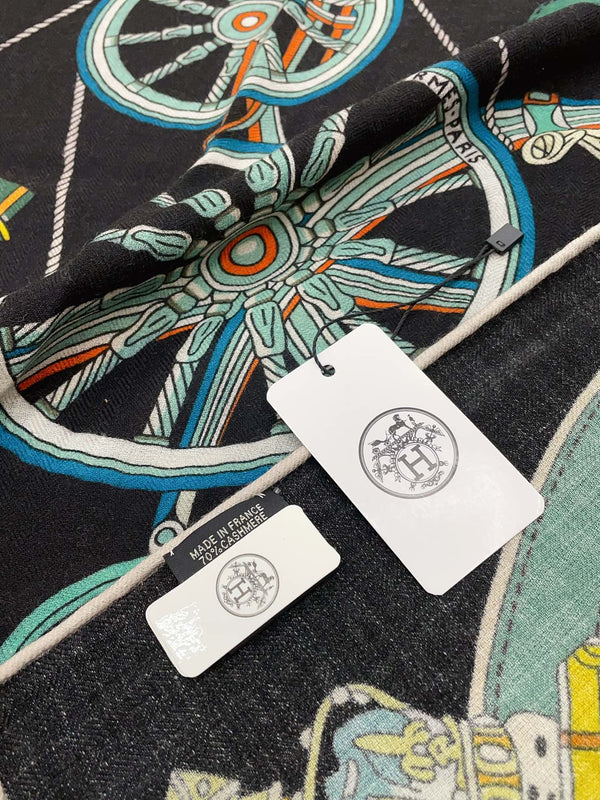 Stately Wheels Scarf 140 CM Black Colorful Cashmere And Silk 394589
