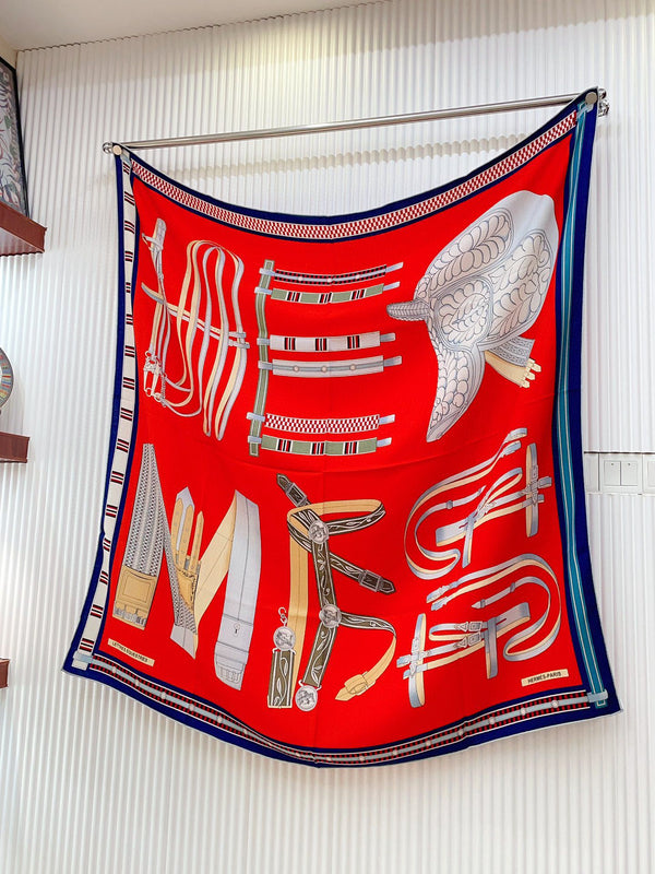 Lettres Equestres Shawl 140 CM Red Colorful Cashmere And Silk 398260