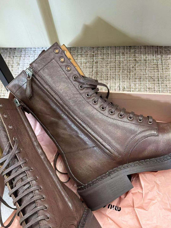 Miu Cocoa Brown Leather Lace-Up Boots