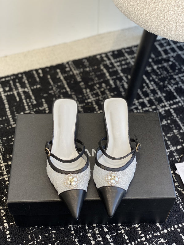 mule sandal white tweed black lambskin