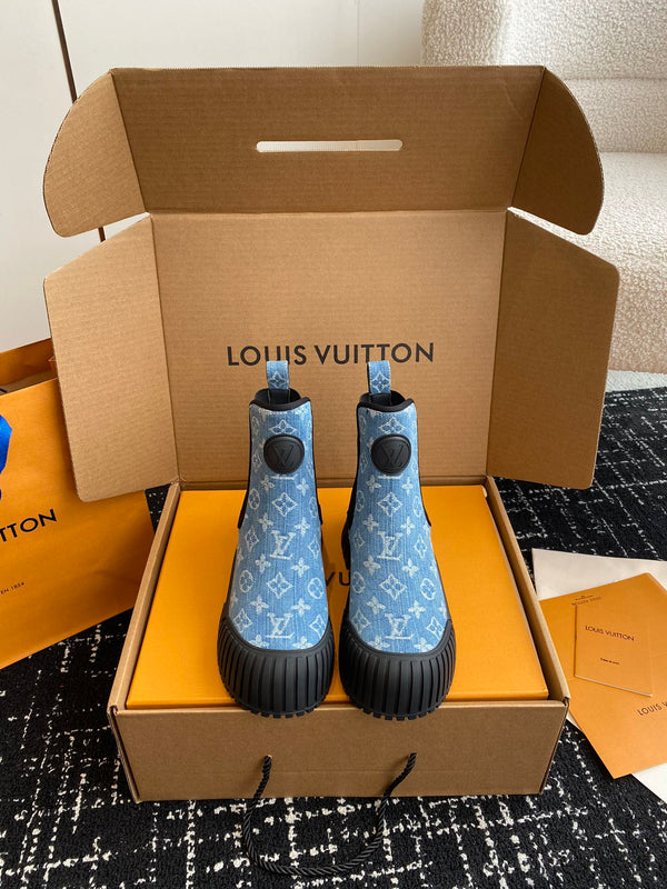 LV Ruby Flat Ankle Boots Light Blue Monogram Jacquard Fabric