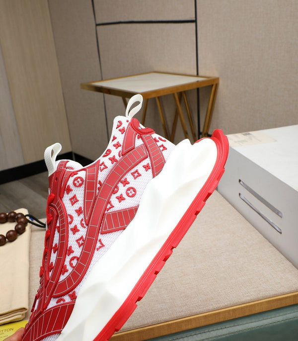LV TRAINER WHITE MIX RED CALFSKIN AND BREATHABLE MESH
