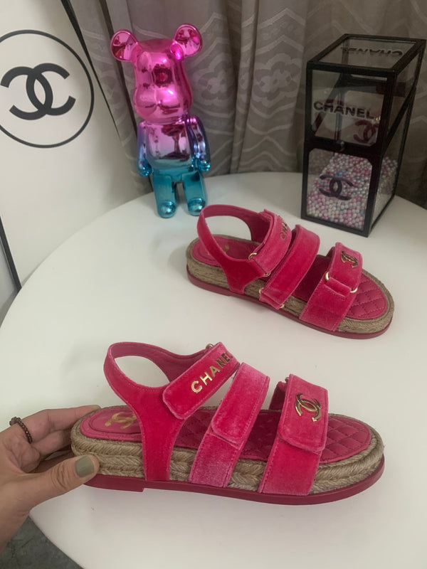 CC 26s Strappy Sandals In Pink Velvet With Rope Sole Gold Hardware