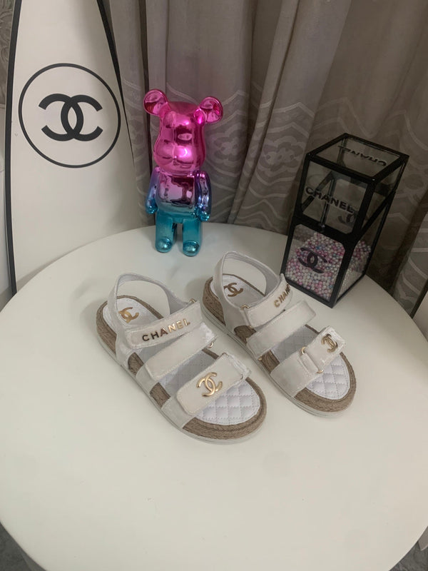 CC 26s Strappy Sandals In White Velvet With Rope Sole Gold Hardware
