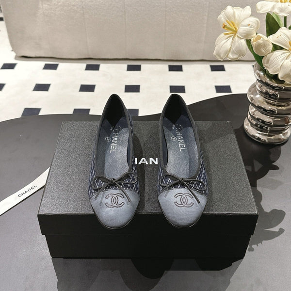 cc 25c ballet flat cross line pattern dark blue denim 237480