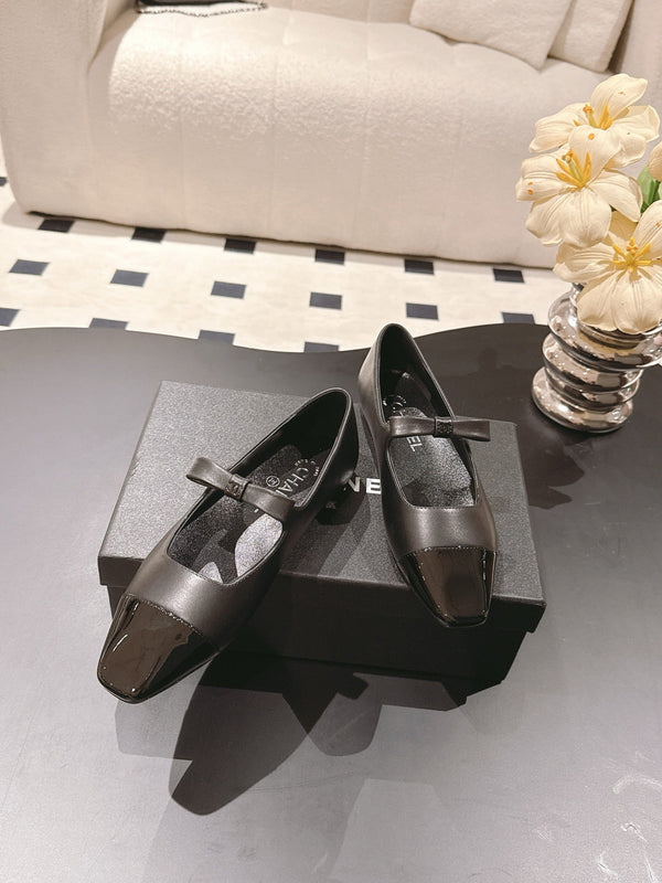 CC 25B Small Bow Buckle Ballet Flats 10mm Black Sheepskin Patent Leather 415747