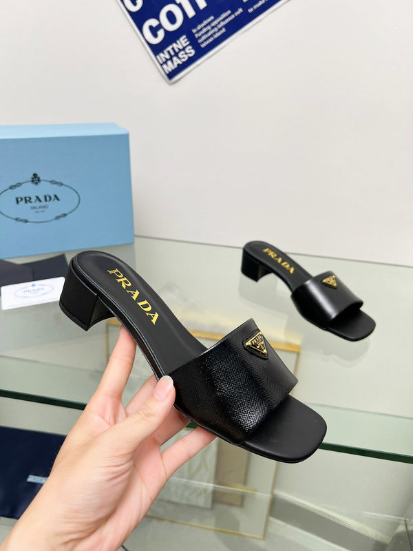 Prad 26s Saffiano Slides 4cm Black Glossy Leather 986628