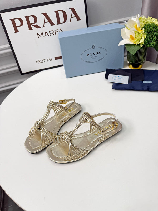 Prad 26s Knotted Metallic Leather Flat Sandals Gold Metalic Leather 986578