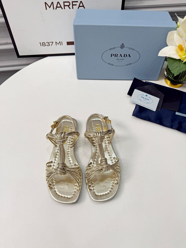 Prad 26s Knotted Metallic Leather Flat Sandals Gold Metalic Leather 986578