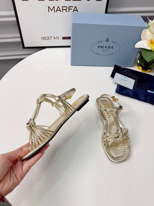 Prad 26s Knotted Metallic Leather Flat Sandals Gold Metalic Leather 986578