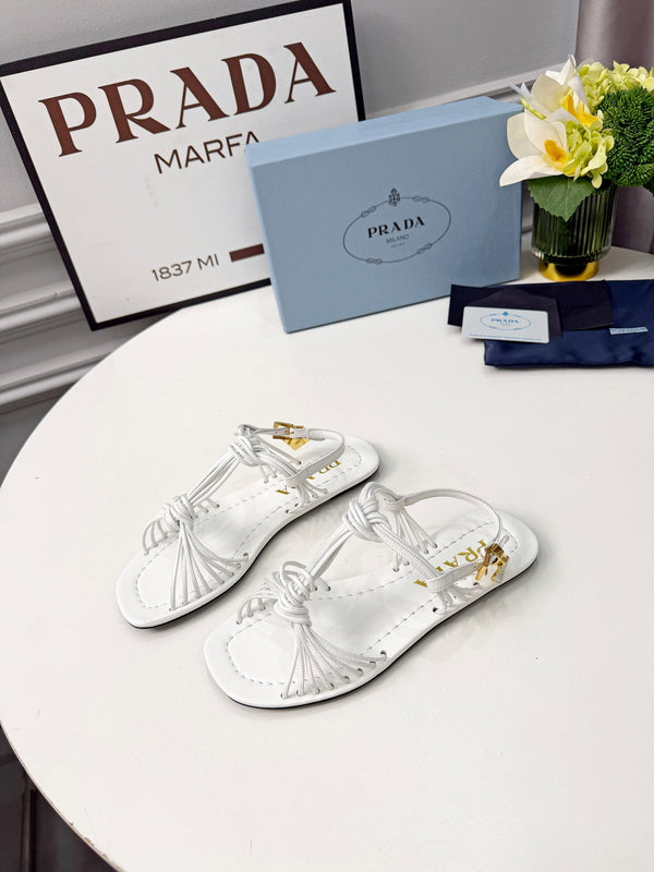 Prad 26s Knotted Metallic Leather Flat Sandals White Leather 986576