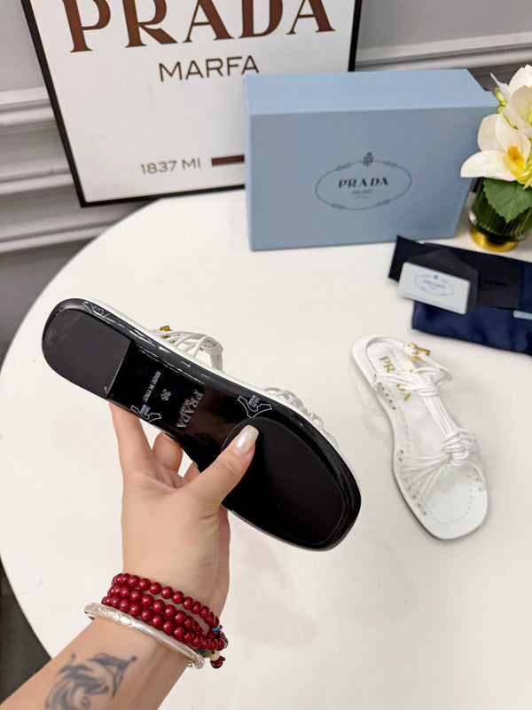 Prad 26s Knotted Metallic Leather Flat Sandals White Leather 986576