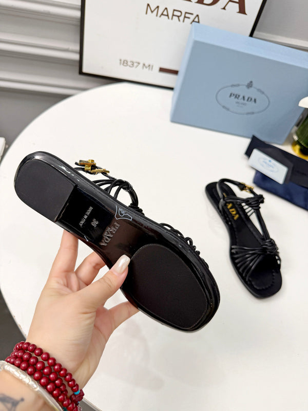 Prad 26s Knotted Metallic Leather Flat Sandals Black Leather 986575