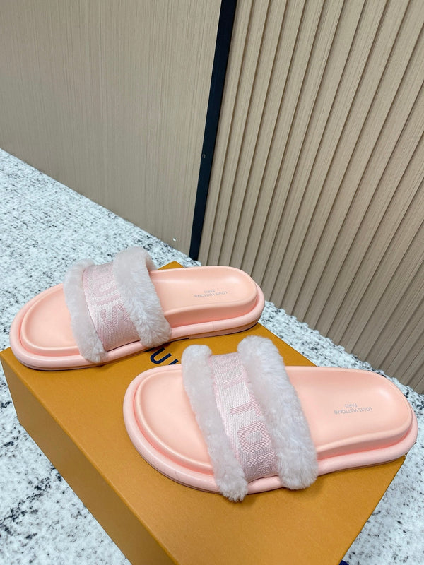 LV 25SS FW Platform Slippers Pink Canvas Wool 533772