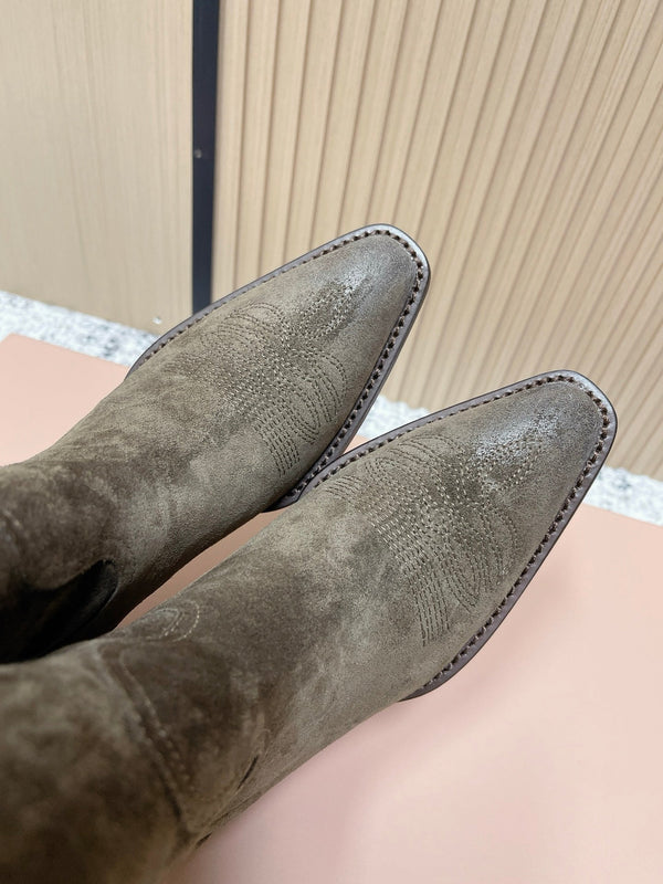 Miumiu Latest FW Western Cowboy Boots olive green  Suede 533967