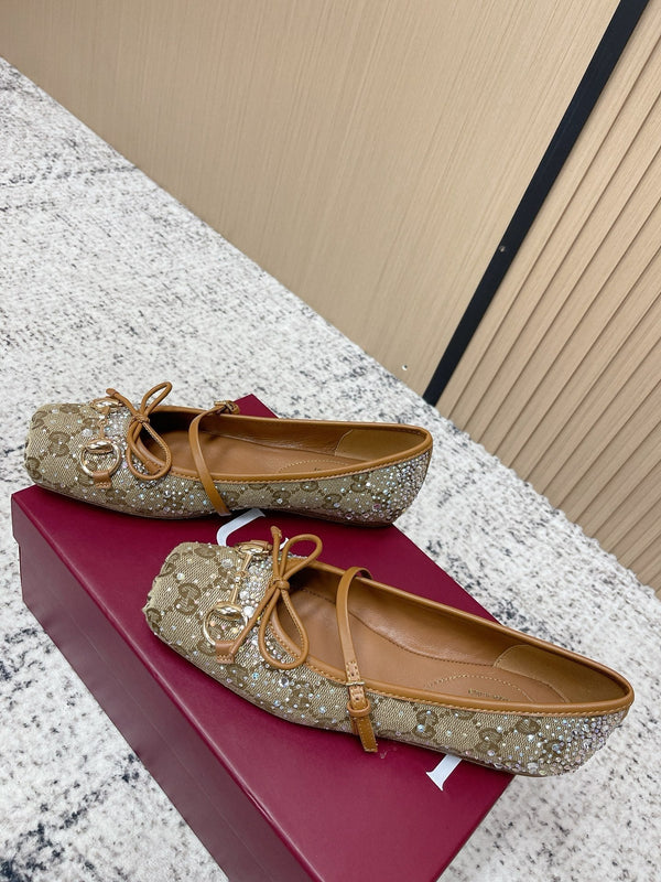GG 26s Ballet Flats In Dark Beige Canvas With Crystals