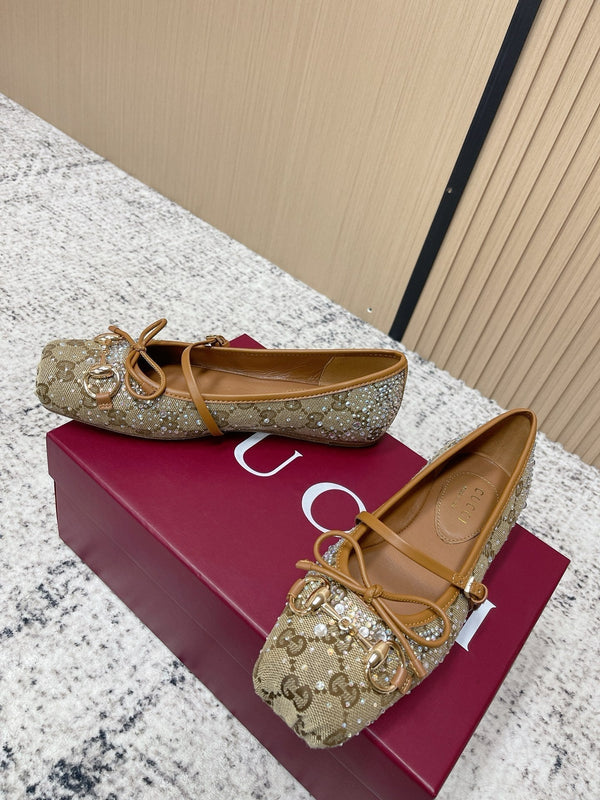 GG 26s Ballet Flats In Dark Beige Canvas With Crystals