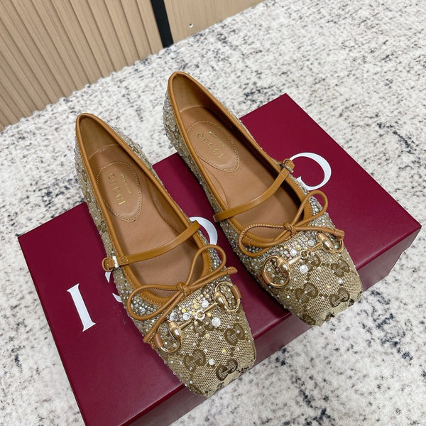 GG 26s Ballet Flats In Dark Beige Canvas With Crystals