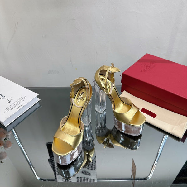 HIGH SANDAL 14CM IN GOLD CALFSKIN AND TRANSPARENT PVC