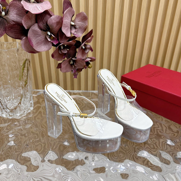 HIGH HEEL SANDAL 14CM IN WHITE CALFSKIN AND TRANSPARENT PVC