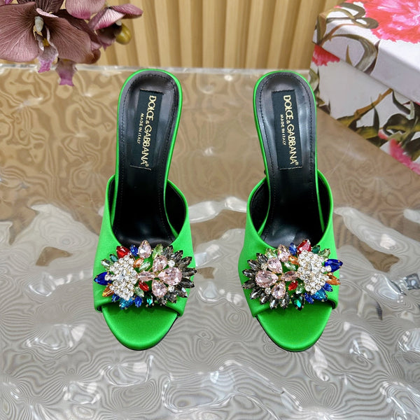 DC Rhinestone Buckle Mules Green Silk & Sheepskin 926018