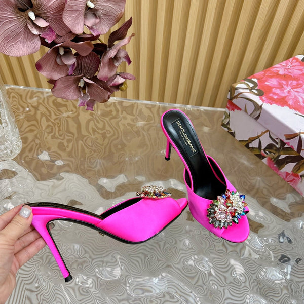 DC Rhinestone Buckle Mules Fuchsia Silk & Sheepskin 926020